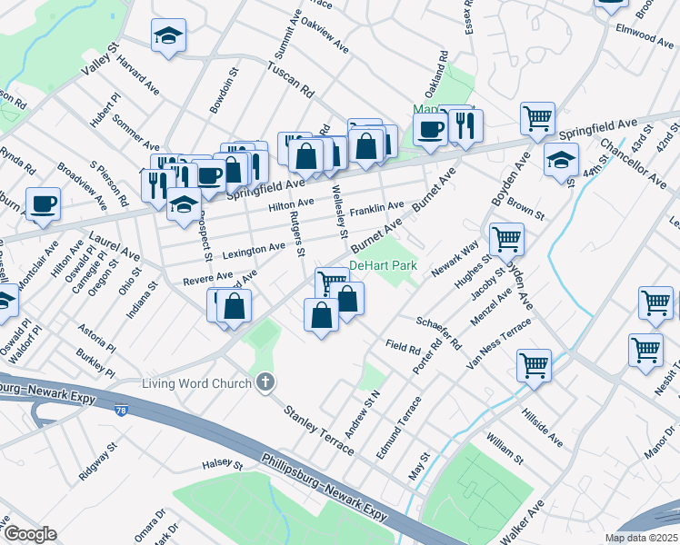 map of restaurants, bars, coffee shops, grocery stores, and more near 25 Toronto Court in Maplewood