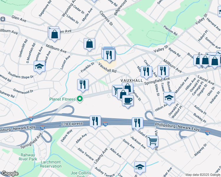 map of restaurants, bars, coffee shops, grocery stores, and more near 2225 Springfield Avenue in Union