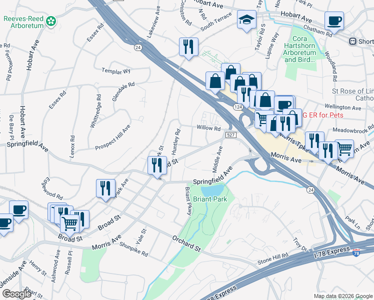 map of restaurants, bars, coffee shops, grocery stores, and more near 72 Broad Street in Summit