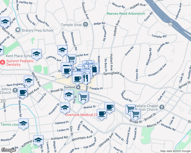 map of restaurants, bars, coffee shops, grocery stores, and more near 320 Springfield Avenue in Summit