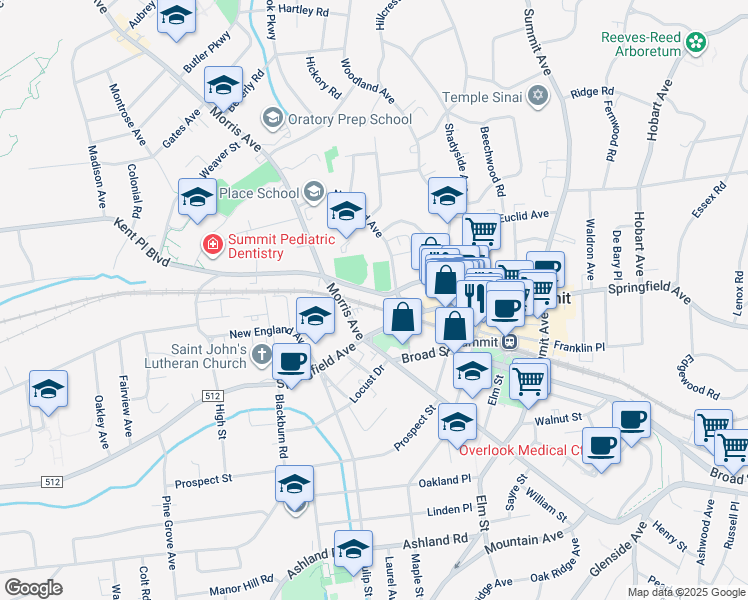map of restaurants, bars, coffee shops, grocery stores, and more near 535 Springfield Avenue in Summit