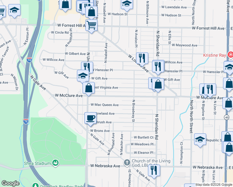 map of restaurants, bars, coffee shops, grocery stores, and more near 1008 West McClure Avenue in Peoria