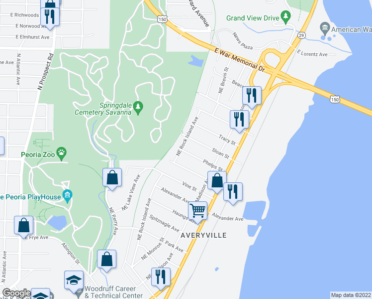 map of restaurants, bars, coffee shops, grocery stores, and more near 616 Phelps Street in Peoria