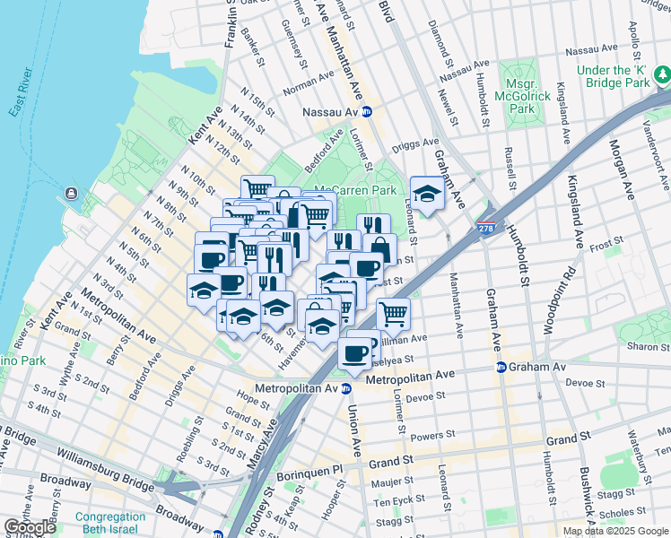 map of restaurants, bars, coffee shops, grocery stores, and more near Union Avenue & North 11th Street in Brooklyn