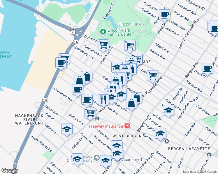 map of restaurants, bars, coffee shops, grocery stores, and more near 290 Virginia Avenue in Jersey City