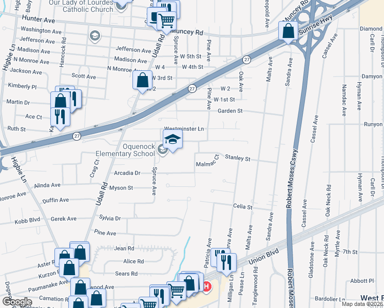 map of restaurants, bars, coffee shops, grocery stores, and more near 380 Arcadia Drive in West Islip