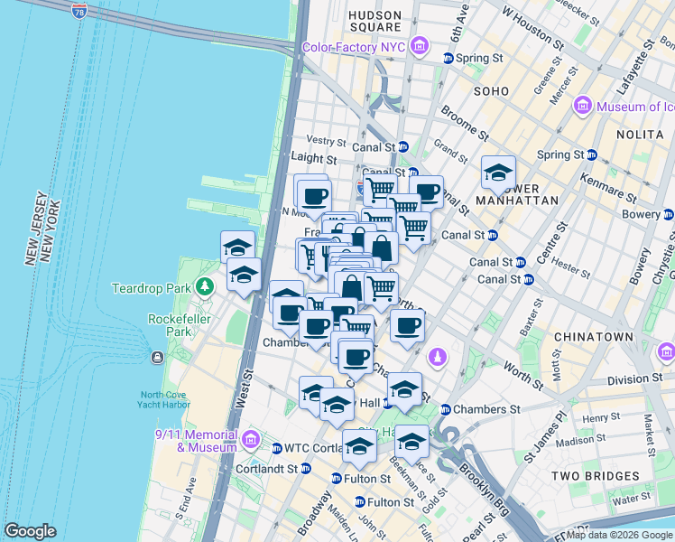 map of restaurants, bars, coffee shops, grocery stores, and more near 67 Hudson Street in New York