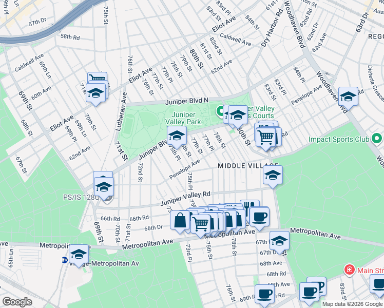 map of restaurants, bars, coffee shops, grocery stores, and more near 63-61 76th Street in Queens