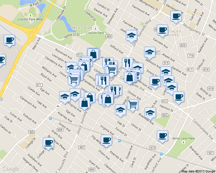 map of restaurants, bars, coffee shops, grocery stores, and more near 2344 John F Kennedy Boulevard West in Jersey City