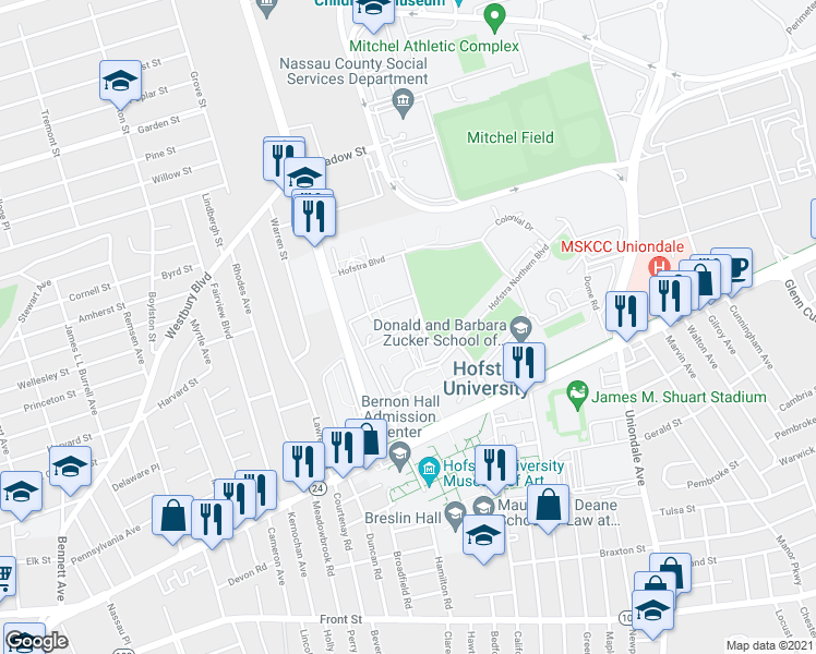 map of restaurants, bars, coffee shops, grocery stores, and more near 350 Hofstra Blvd in Garden City