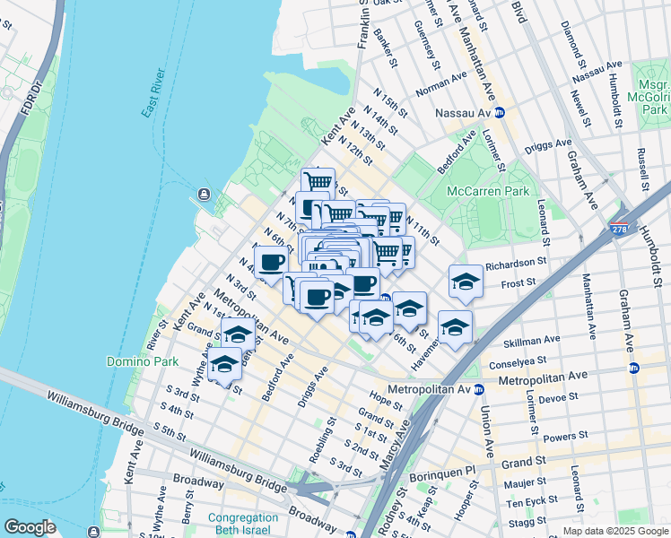 map of restaurants, bars, coffee shops, grocery stores, and more near 198 Bedford Avenue in Brooklyn
