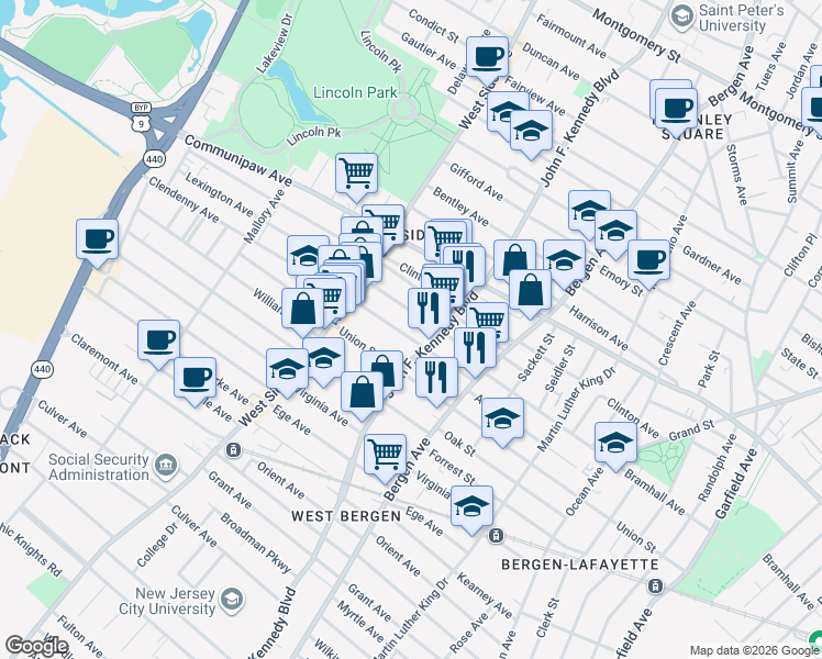 map of restaurants, bars, coffee shops, grocery stores, and more near 2315 John F. Kennedy Boulevard in North Bergen