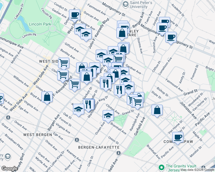 map of restaurants, bars, coffee shops, grocery stores, and more near 598 Communipaw Avenue in Jersey City