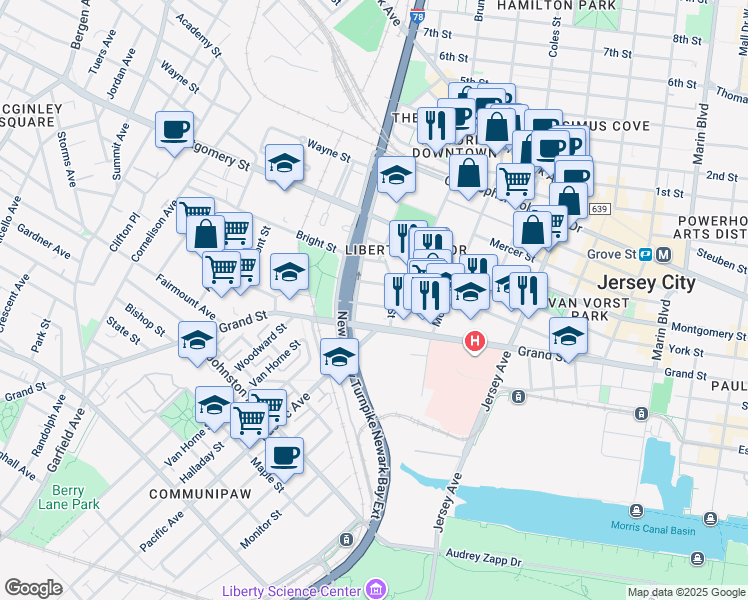 map of restaurants, bars, coffee shops, grocery stores, and more near 464 Grand Street in Jersey City
