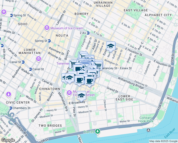 map of restaurants, bars, coffee shops, grocery stores, and more near 72 Orchard Street in New York