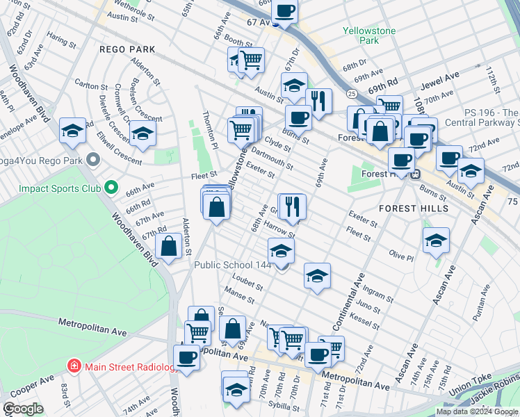 map of restaurants, bars, coffee shops, grocery stores, and more near 95-17 68th Avenue in Queens