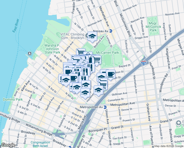 map of restaurants, bars, coffee shops, grocery stores, and more near 220 North 10th Street in Brooklyn