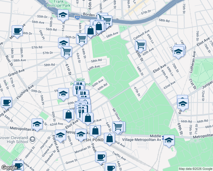 map of restaurants, bars, coffee shops, grocery stores, and more near Mount Olivet Crescent in Queens