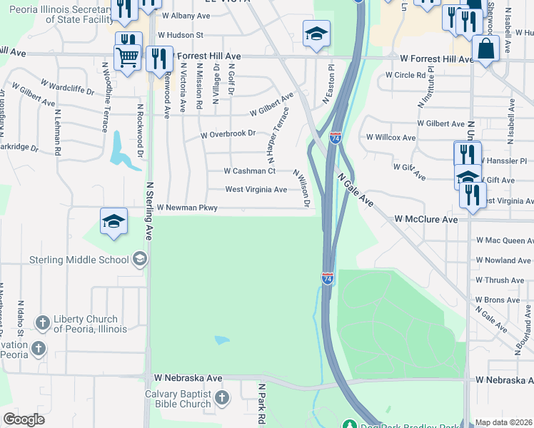 map of restaurants, bars, coffee shops, grocery stores, and more near 2020 West Newman Parkway in Peoria