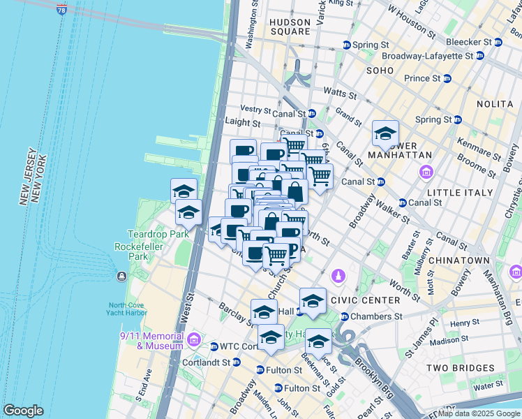 map of restaurants, bars, coffee shops, grocery stores, and more near in New York