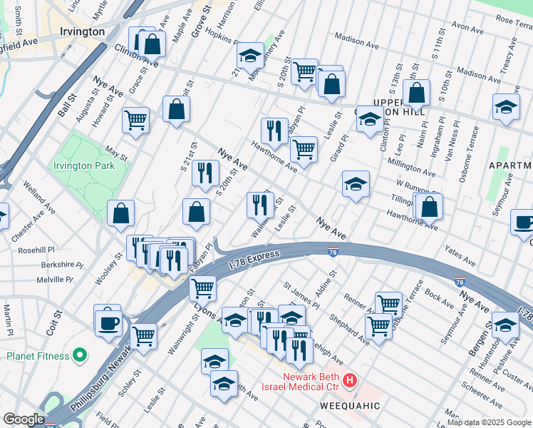 map of restaurants, bars, coffee shops, grocery stores, and more near 103 Bragaw Avenue in Newark