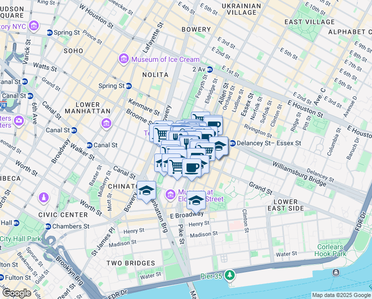 map of restaurants, bars, coffee shops, grocery stores, and more near 111 Eldridge Street in New York
