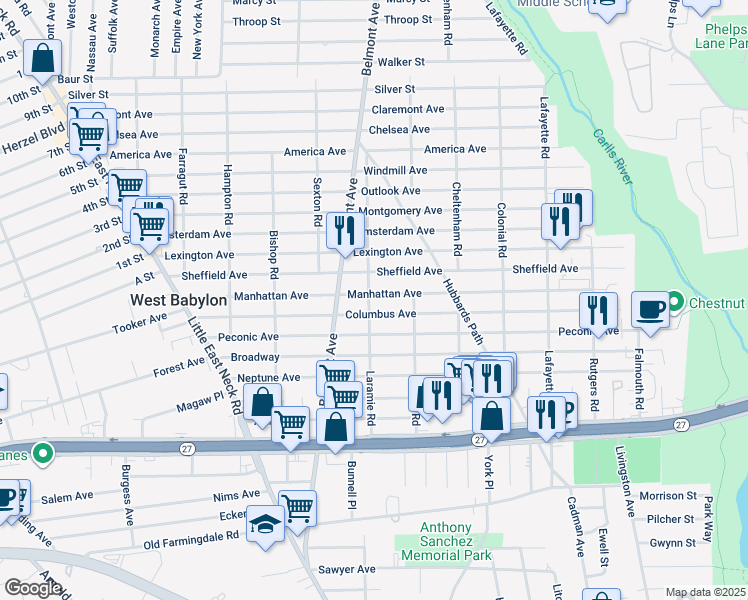 map of restaurants, bars, coffee shops, grocery stores, and more near 192 Columbus Avenue in Babylon