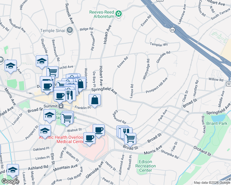 map of restaurants, bars, coffee shops, grocery stores, and more near 7 Edgewood Road in Summit