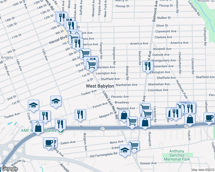 map of restaurants, bars, coffee shops, grocery stores, and more near in Babylon