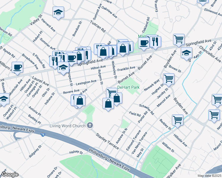 map of restaurants, bars, coffee shops, grocery stores, and more near 25 Toronto Court in Maplewood