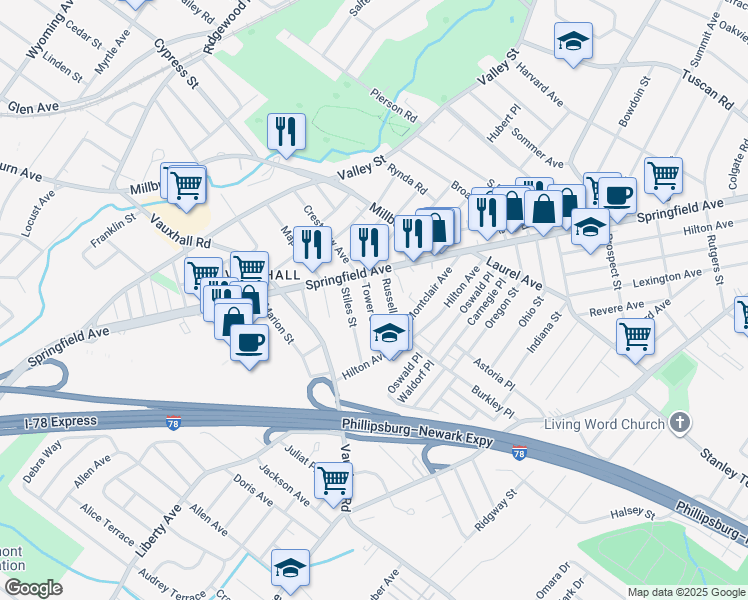 map of restaurants, bars, coffee shops, grocery stores, and more near 355 Tower Street in Union