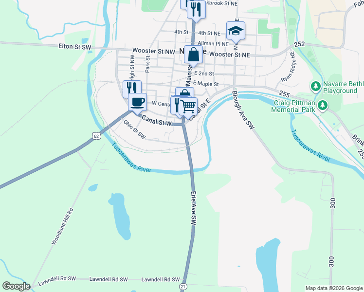 map of restaurants, bars, coffee shops, grocery stores, and more near 34 South Main Street in Navarre
