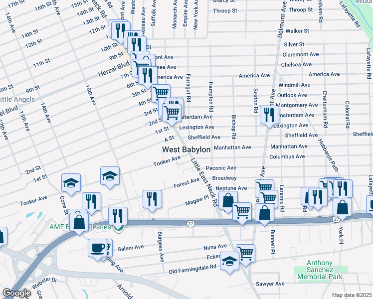 map of restaurants, bars, coffee shops, grocery stores, and more near in West Babylon
