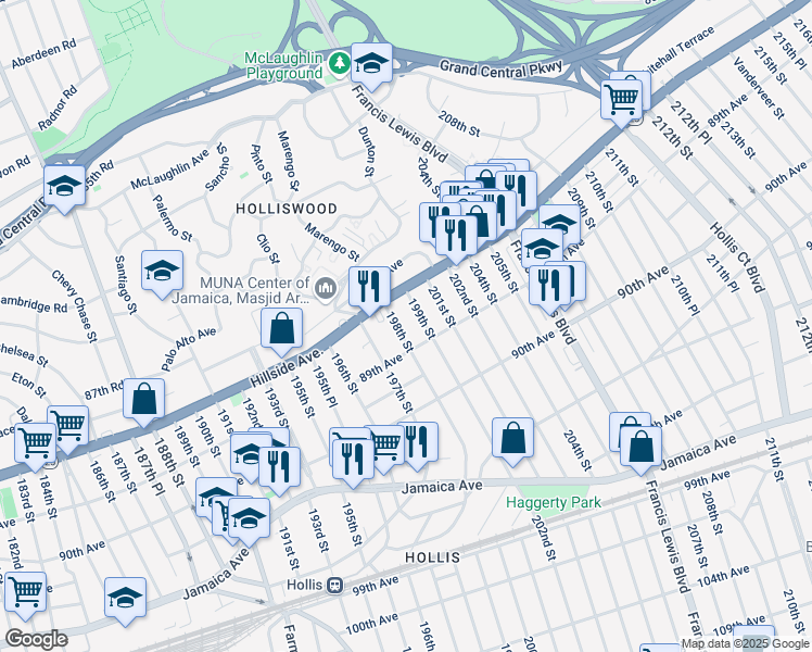 map of restaurants, bars, coffee shops, grocery stores, and more near 197-17 89th Avenue in Queens