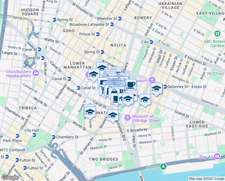 map of restaurants, bars, coffee shops, grocery stores, and more near 88 Elizabeth Street in New York