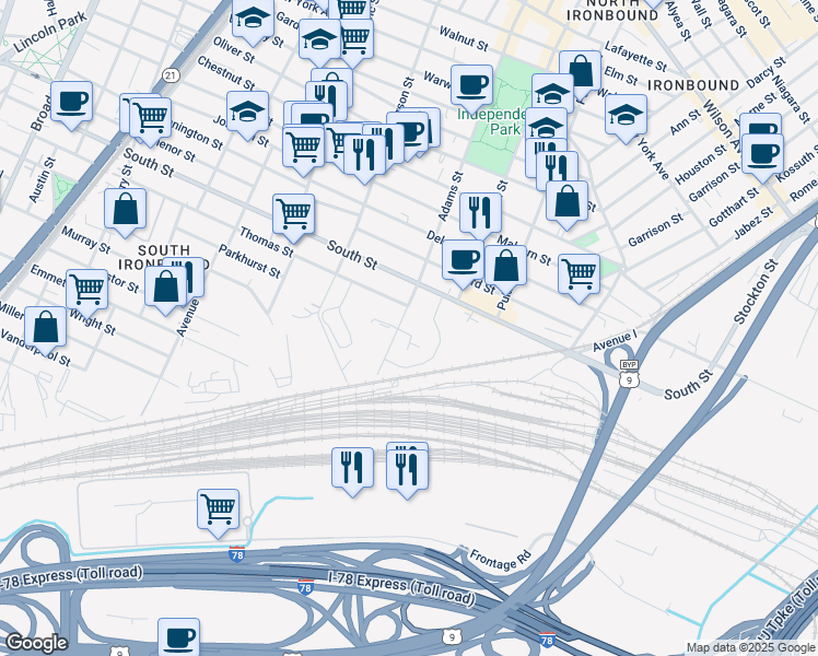 map of restaurants, bars, coffee shops, grocery stores, and more near 410 Adams Street in Newark