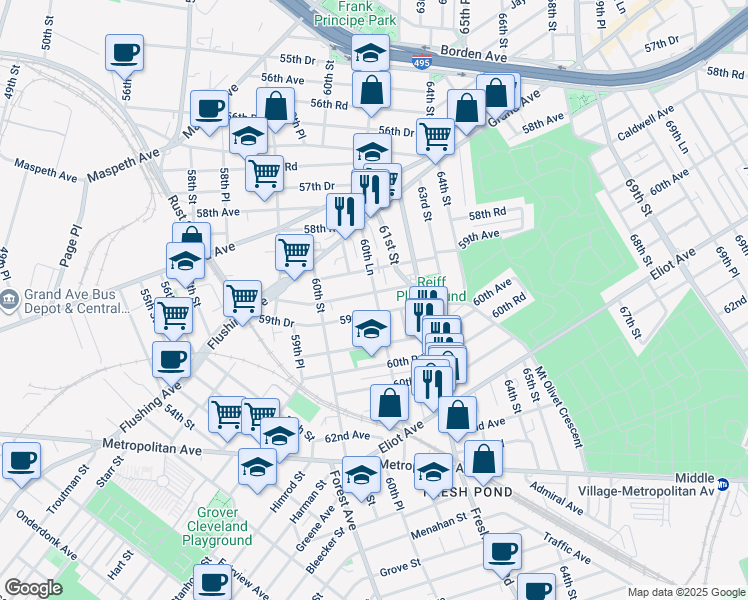 map of restaurants, bars, coffee shops, grocery stores, and more near 59-61 60th Lane in Queens
