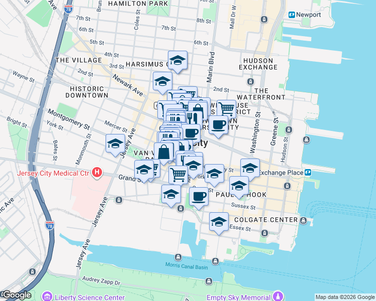 map of restaurants, bars, coffee shops, grocery stores, and more near 8 Mercer Street in Jersey City