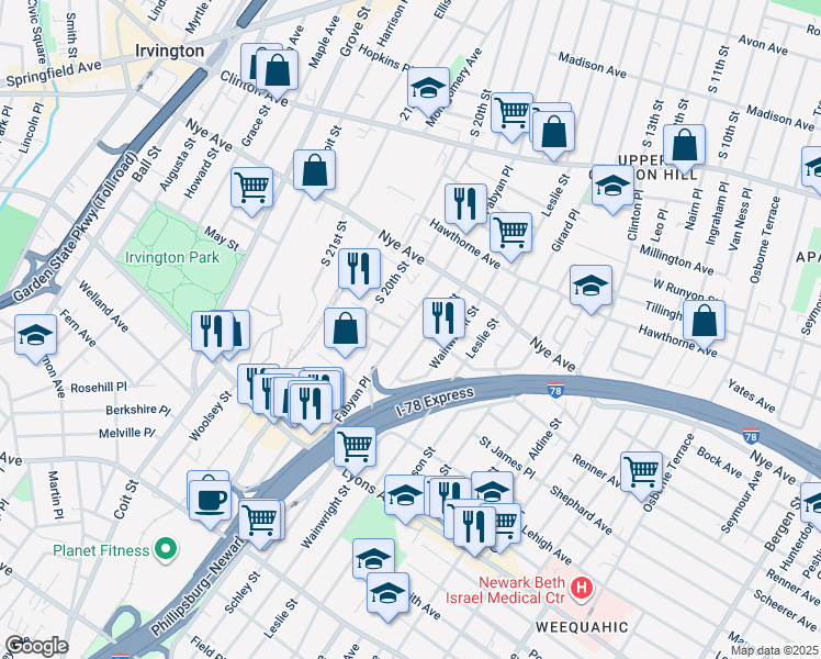 map of restaurants, bars, coffee shops, grocery stores, and more near 166 Fabyan Place in Newark