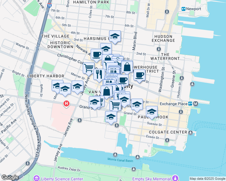 map of restaurants, bars, coffee shops, grocery stores, and more near 32 Mercer Street in Jersey City