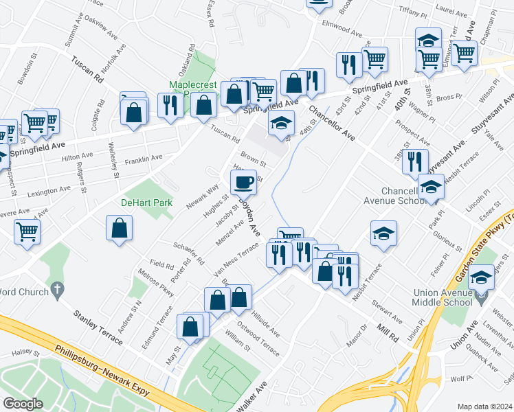 map of restaurants, bars, coffee shops, grocery stores, and more near 13 Nelson Place in Maplewood