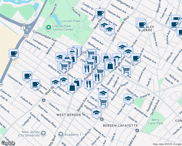 map of restaurants, bars, coffee shops, grocery stores, and more near 2344 John F Kennedy Boulevard West in Jersey City