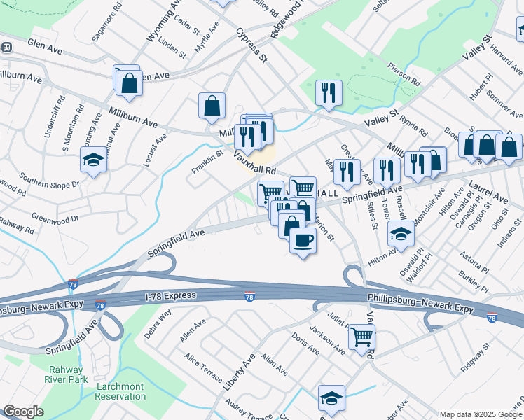 map of restaurants, bars, coffee shops, grocery stores, and more near 2225 Springfield Avenue in Union