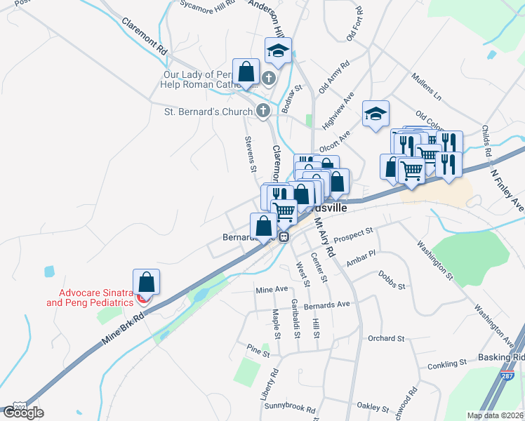 map of restaurants, bars, coffee shops, grocery stores, and more near 7 Essex Avenue in Bernardsville