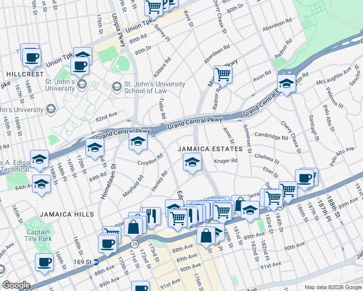 map of restaurants, bars, coffee shops, grocery stores, and more near 84-15 Wareham Place in Queens