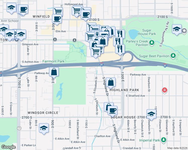 map of restaurants, bars, coffee shops, grocery stores, and more near 2402 South Elizabeth Street in Salt Lake City