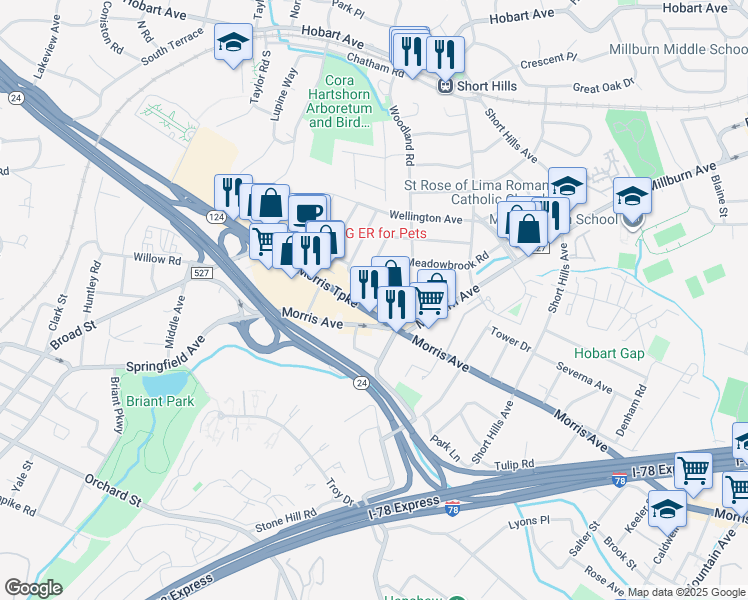 map of restaurants, bars, coffee shops, grocery stores, and more near 631 Morris Turnpike in Springfield