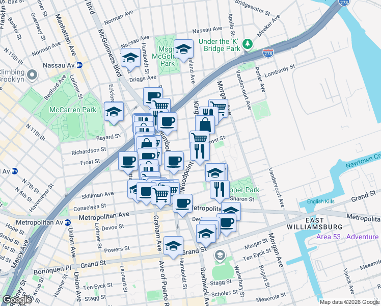 map of restaurants, bars, coffee shops, grocery stores, and more near in Brooklyn