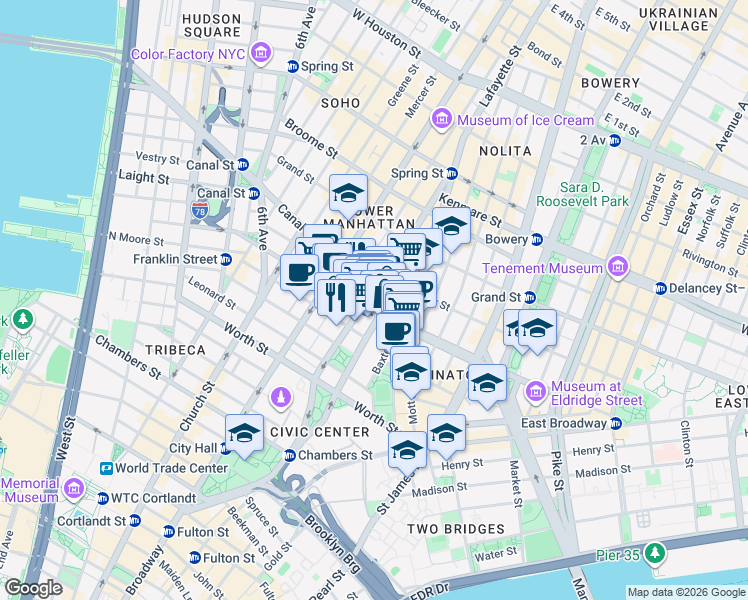 map of restaurants, bars, coffee shops, grocery stores, and more near 250 Canal Street in New York