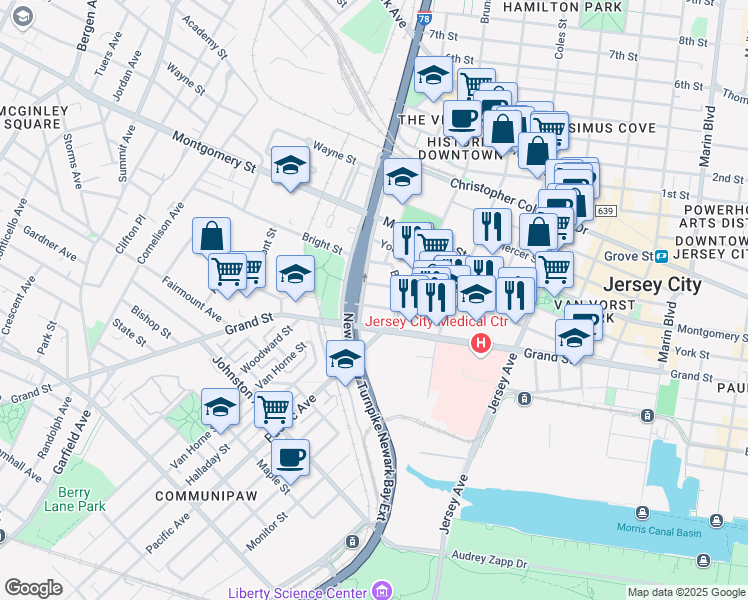 map of restaurants, bars, coffee shops, grocery stores, and more near 464 Grand Street in Jersey City